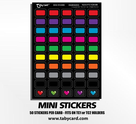 Taby Card™ Mini Stickers - Color Blocks 500 pc. Sticker Set 50 each x10 Cards #TC1CB50B