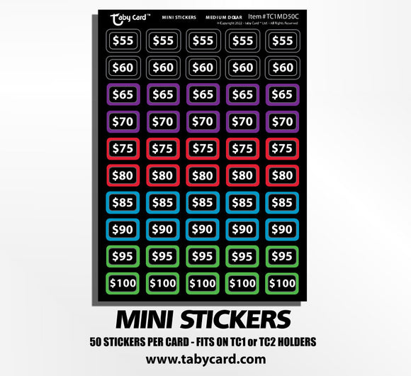 Taby Card™ Mini Stickers - Mid Dollar 500 pc. Sticker Set 50 each x10 Cards #TC1MD50C