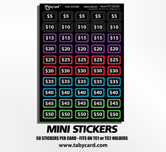 Taby Card™ Mini Stickers - Small Dollar 500 pc. Sticker Set 50 each x10 Cards #TC1SD50C