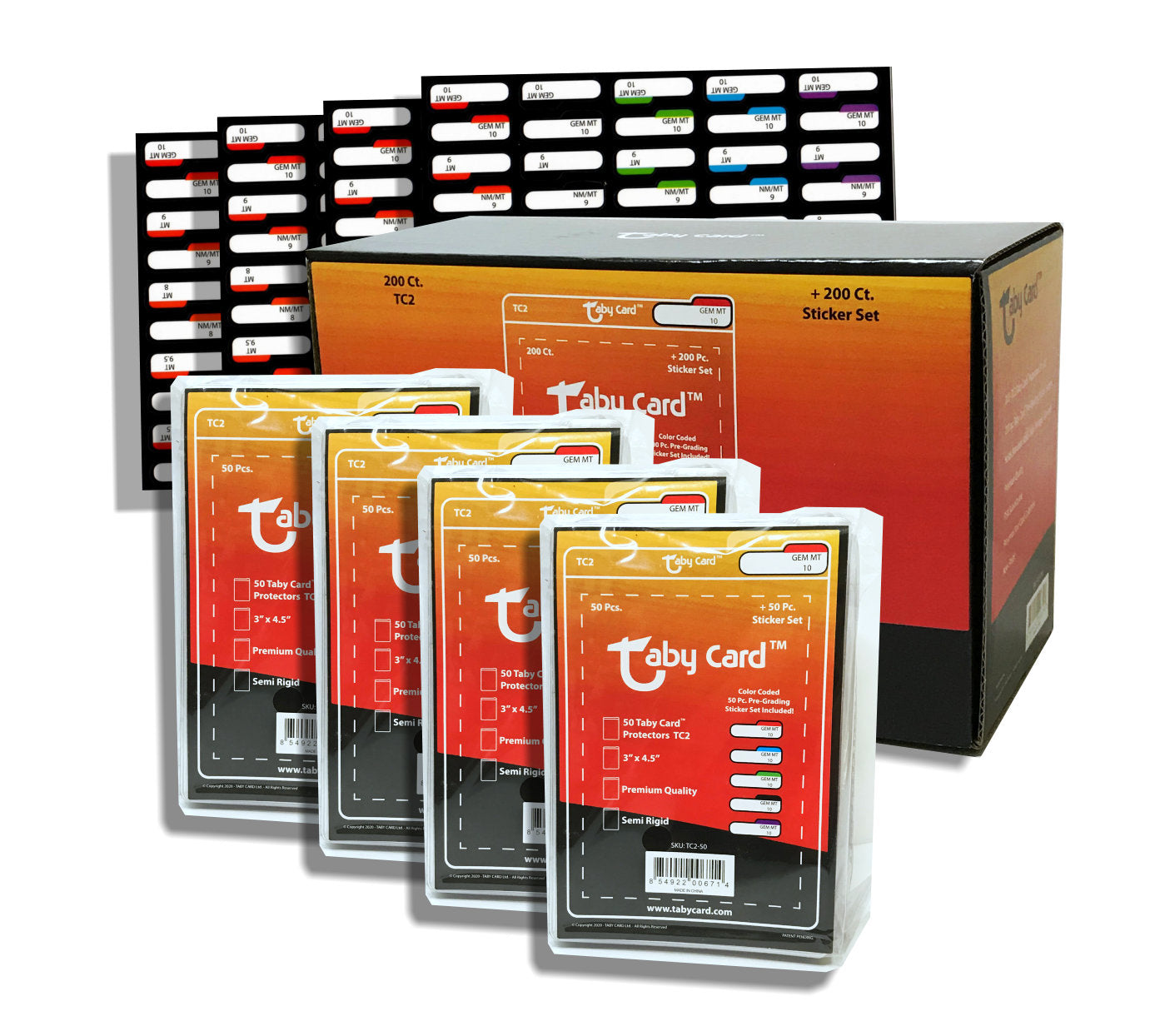 Taby Card™ TC2 Semi Rigid Card Holders 2000 Ct. Case with Pre-Grading Stickers x 10 Boxes