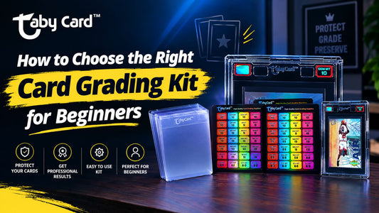 Taby Card grading kit for beginners with card holders, colorful grading stickers, and a GEM MT 10 basketball card slab.
